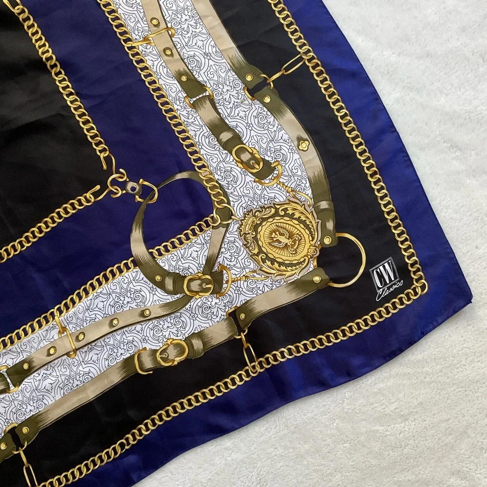 Vintage Equestrian Chain Medallion Scarf 36” Square Navy Gold Silk Feel
